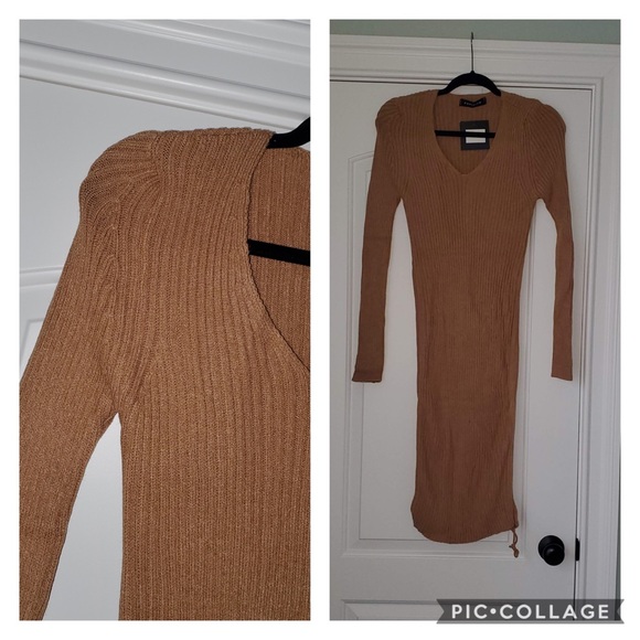 Camel Ruched Side Knitted Dress - Picture 5 of 7